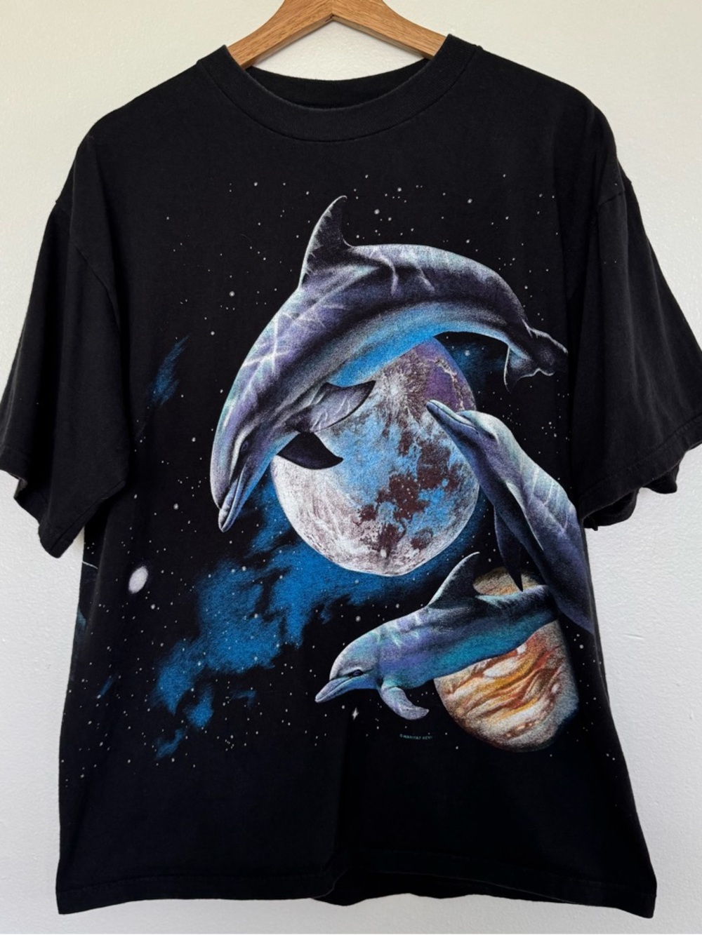 Vintage 90s Habitat Dolphin Space T-Shirt Mens Large Black AOP Galaxy Animal Tee